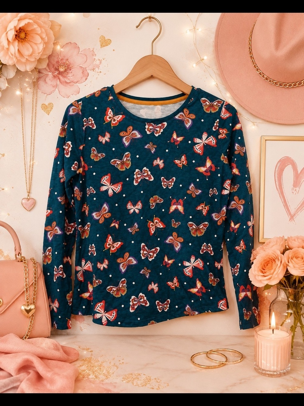 Navy Blue Long Sleeve Tee Butterfly Print Size XL Girls